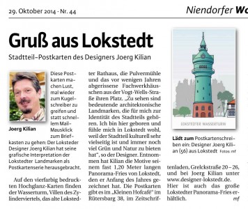 Stadtteil-Postkarten des Designers Joerg Kilian, Artikel im Niendorfer Wochenblatt 29.10.2014